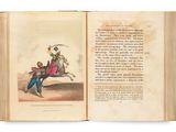 an open book with a drawing of a man on a horse