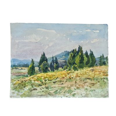 aquarelle représentant un champ avec des arbres et une maison au loin