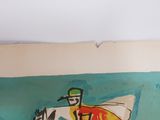 a painting of a man riding a surfboard on a wall