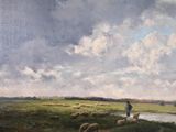 a painting of a man and a dog in a field