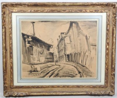 un vieux dessin représentant une scène de rue avec des bâtiments et un homme sur une échelle