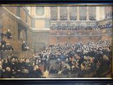 painting of a large group of people sitting in a large room