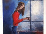 painting of a woman standing in front of a window with a cup of coffee
