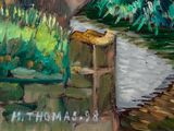 a painting of a path in a park with a bench