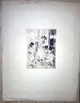 a black and white drawing of a family sitting at a table