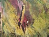 an oil painting of a woman walking through a field of grass
