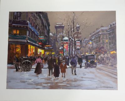 un tableau représentant des personnes marchant dans la rue sous la neige