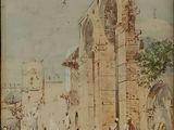 an old painting of a street scene with people and buildings