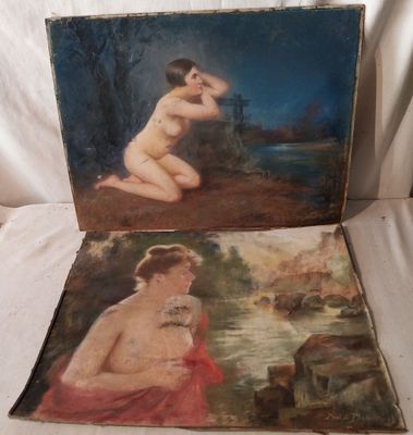 deux tableaux représentant une femme nue assise sur un rocher au bord d'un plan d'eau