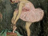tableau représentant une femme en tutu rose en train de lacer ses chaussons de danse classique