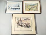 trois aquarelles encadrées représentant des chevaux et des personnages dans un paysage enneigé