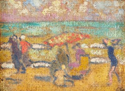 une peinture de personnes sur la plage au bord de l'eau