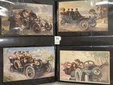 three framed pictures of a group of people riding in a car