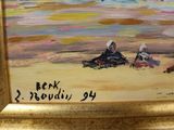 a painting of people sitting on the beach by the water