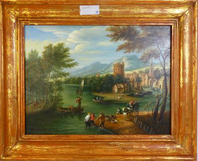 une peinture à l'huile représentant une scène fluviale avec un château en arrière-plan