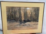 tableau représentant des chevaux tirant une calèche à travers une forêt enneigée