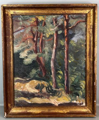 an oil painting of a forest scene with trees in the foreground