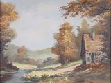 tableau représentant un gîte au bord d'une rivière, dans un cadre boisé