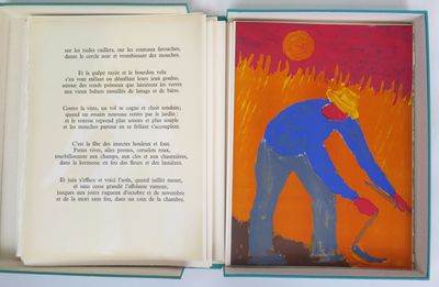 un livre ouvert dans lequel figure l'image d'un homme tenant une pelle