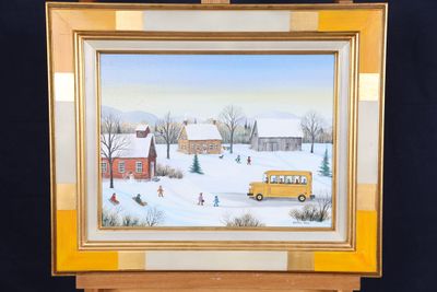 une peinture représentant un car scolaire par temps de neige