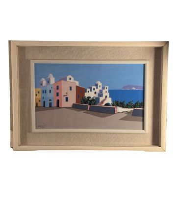 framed picture of a painting of a town by the ocean