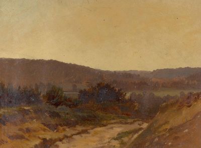 painting of a landscape with a dirt road in the foreground and hills in the background