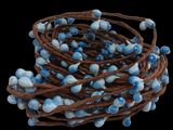 a bunch of blue and white beads on a string