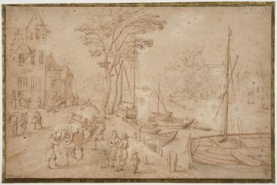 une image représentant un dessin d'un village avec des bateaux et des personnages