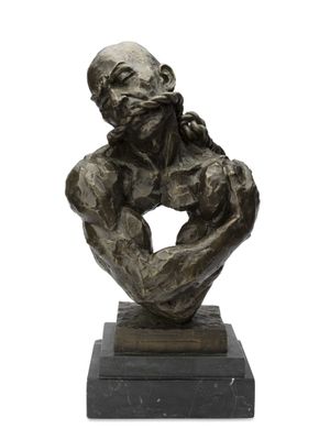 sculpture of a man holding his head in his hands on a marble base