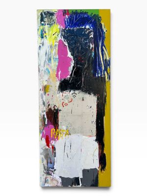 an abstract painting on a white wall with a black and yellow background