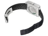 a watch that is sitting on a black leather strap
