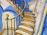 painting of a painting of a spiral staircase in a blue room
