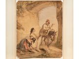 a painting of a man and a woman sitting on a horse