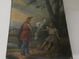 un tableau représentant un homme et une femme assis sur un rocher