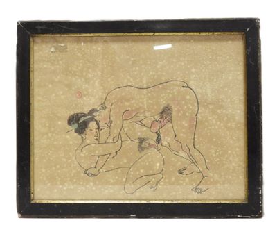 painting of a woman wrestling with a man in a black frame