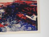 abstract painting of red, white, and blue on a white wall