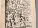an old book with a drawing of men working in a factory