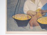a painting of a child holding two bowls of macaroni and cheese