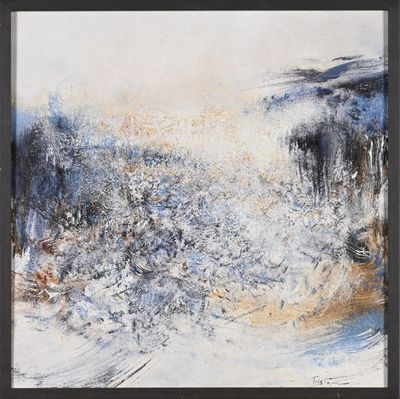 an abstract painting with a black frame and a white background