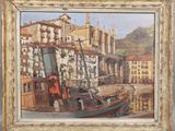 tableau représentant un bateau dans un port, avec des bâtiments en arrière-plan