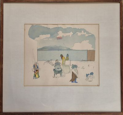 aquarelle encadrée représentant des personnes sur une plage avec un chien
