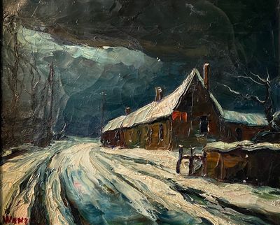 tableau représentant une maison sous la neige, avec un ciel sombre en arrière-plan