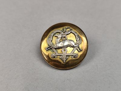 a close up of a gold button with a horse on it