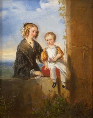 une image représentant un tableau où l'on voit une femme et un enfant assis sur un rebord