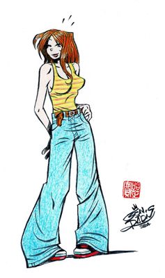 drawing of a woman in a yellow top and blue jeans
