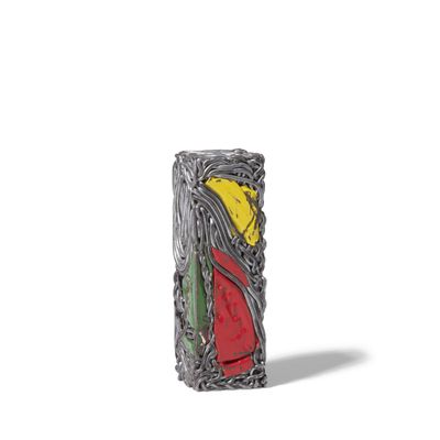 a picture of a colorful glass vase with a bird on it