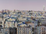 a painting of a view of a city from the top of a building