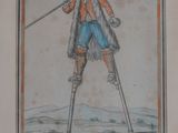 painting of a man in a fur coat holding a spear and standing on crutches