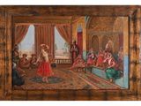 une image représentant un tableau où l'on voit une femme en robe rouge dans une pièce