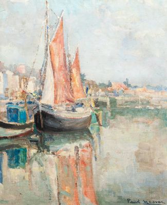 a painting of two boats on the water with a city in the background